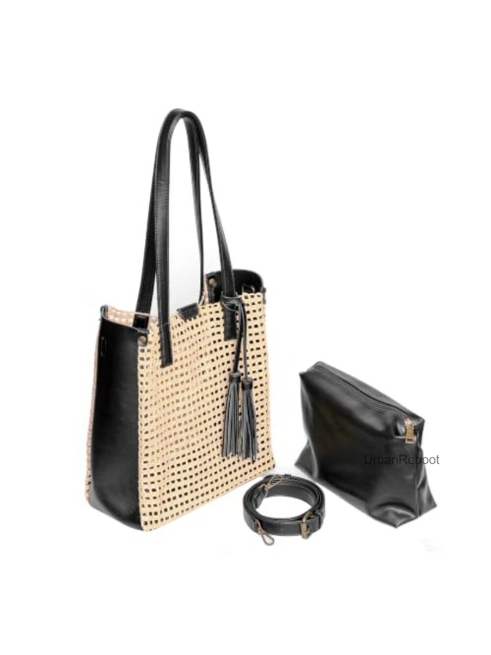 Woven Raffa Straw Tote Bag with Tassel, Vegan Leather Shoulder Handbag
